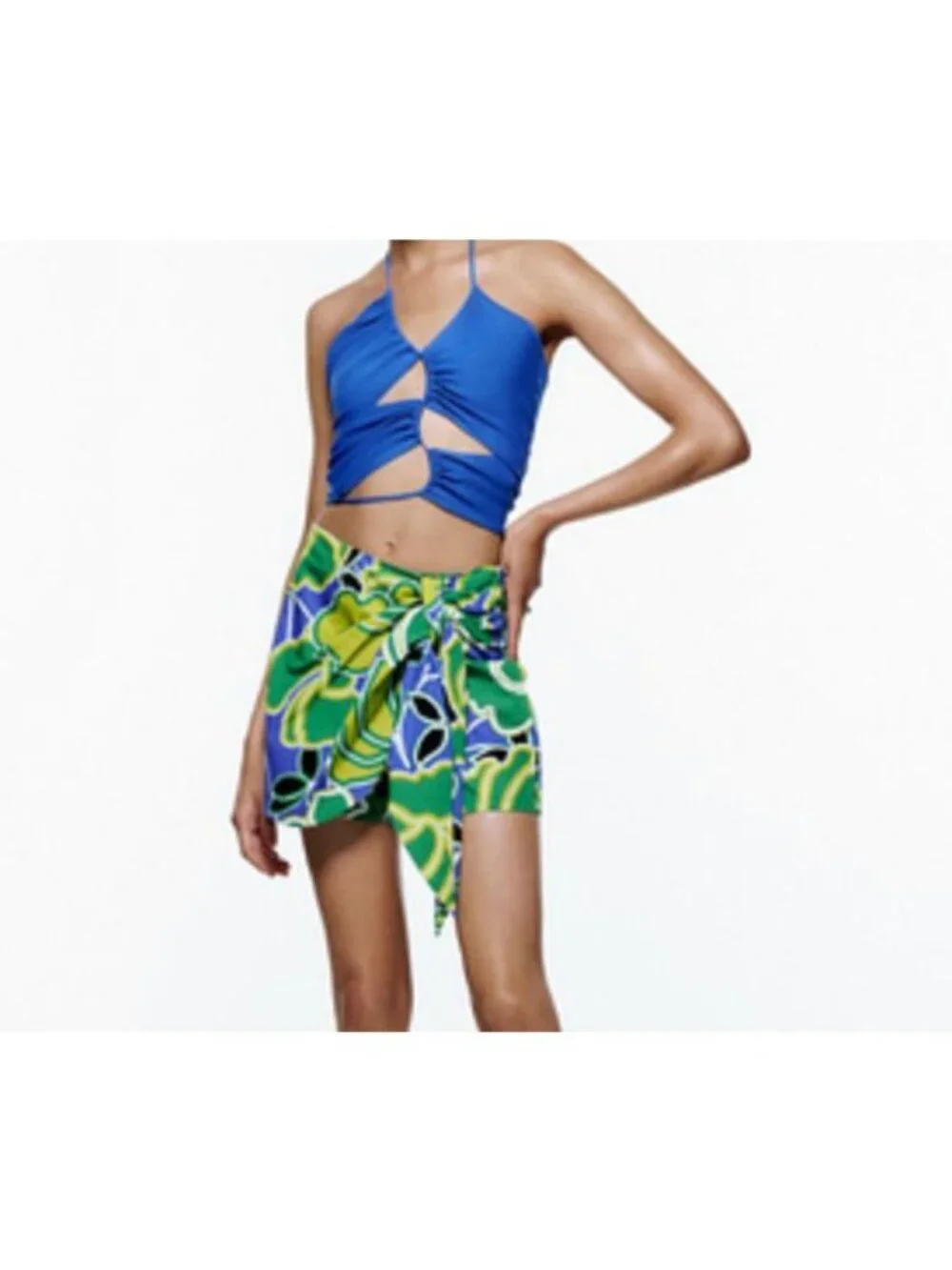 Zara printed pareo skort Women’s Floral green size medium faux wrap colorful